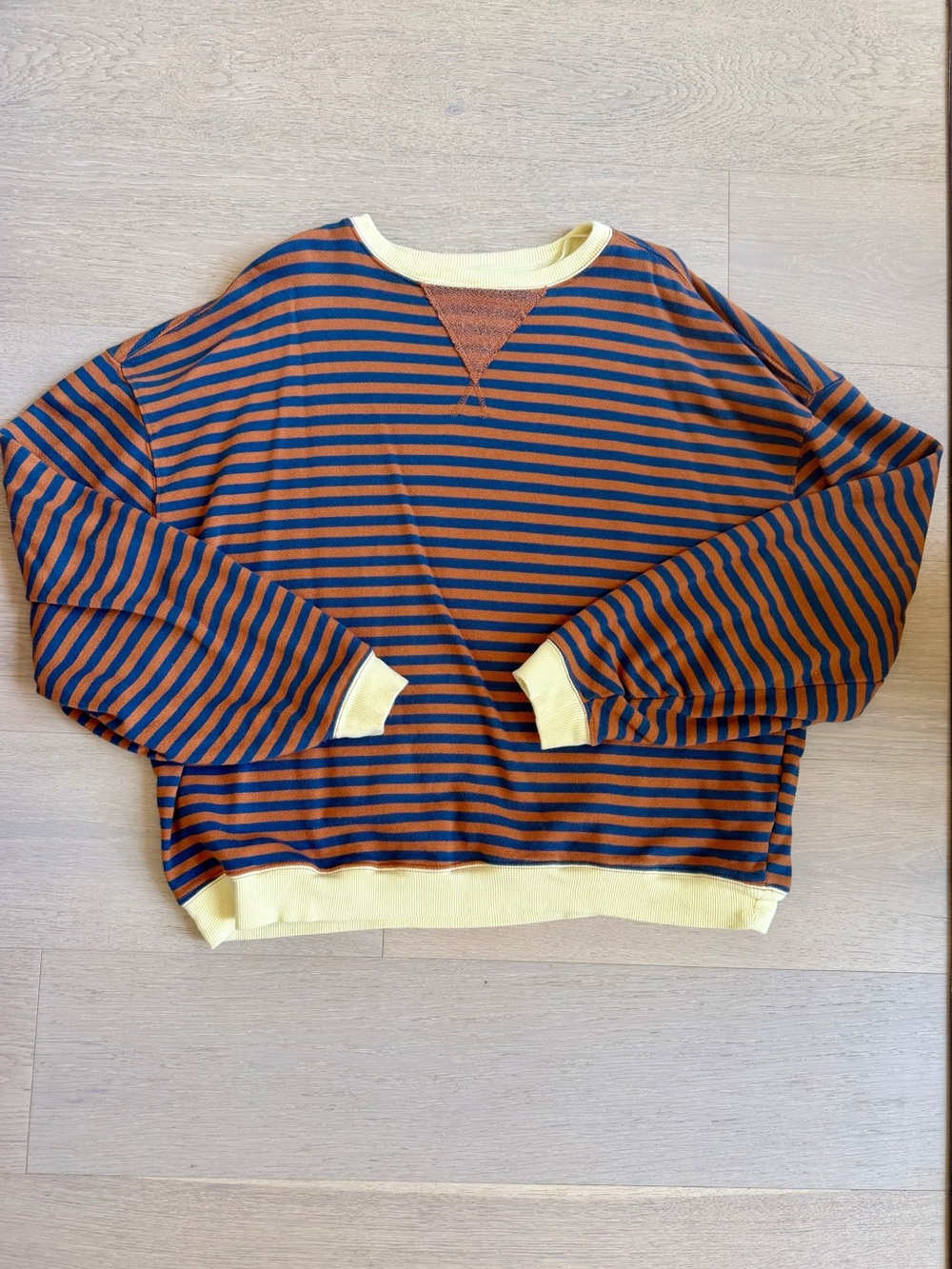 We The Free Navy and Rust Striped Crewneck with yellow Trim
